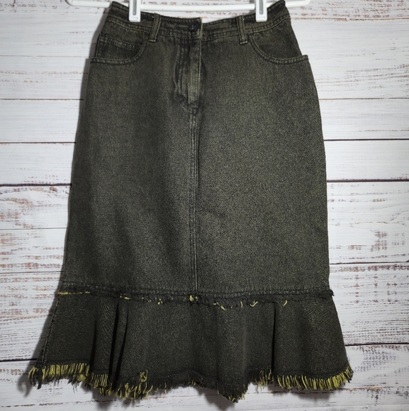 Jeanology VTG 90s Y2K Midi Skirt 4 Dark Green Denim Cowgirl Raw Hem Trim - Picture 1 of 11